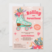 Retro florale blauwgroen roller schaats boho baby kaart (Voorkant)