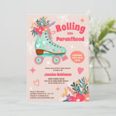 Retro florale blauwgroen roller schaats boho baby kaart (Staand voorkant)