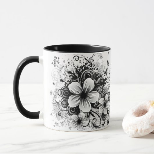 retro florale elegant zwarte bloemen koffie - mok (Met donut)