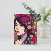Retro FloralPunk Girl Briefkaart (Staand voorkant)