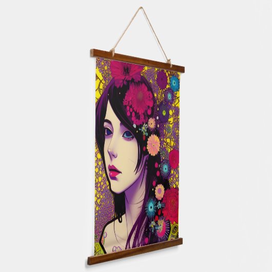 Retro FloralPunk Girl Digital Art Hangend Wandkleed (Gebogen)