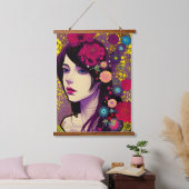 Retro FloralPunk Girl Digital Art Hangend Wandkleed (Slaapkamer)