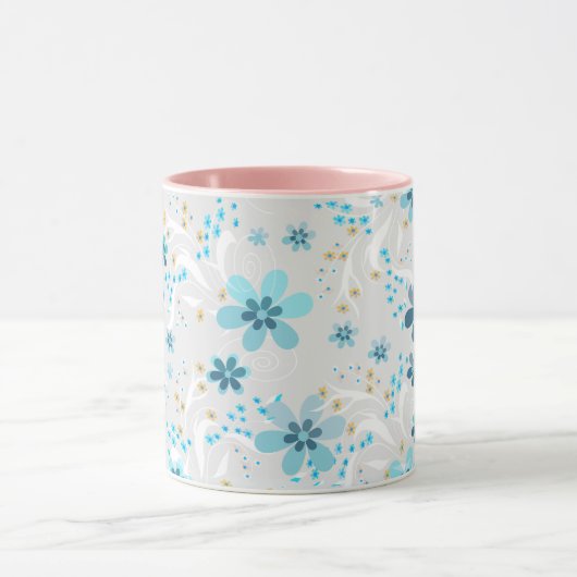 Retro, floreel patroon, blauw, grijs mok (Midden)