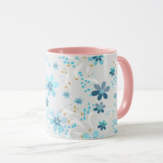 Retro, floreel patroon, blauw, grijs mok (Voorkant rechts)