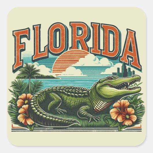 Retro Florida Alligator Vierkante Sticker (Voorkant)