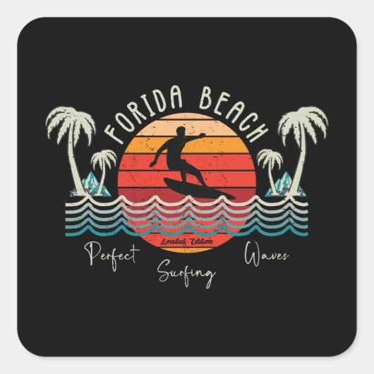 Retro Florida Beach Surfen Vierkante Sticker (Voorkant)
