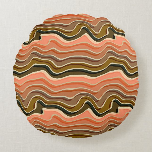 Retro Flow Wavy Stripes Earth-Tone Sierkussen Rond Kussen (Voorkant)