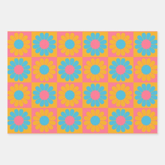 Retro Flower Checkerboard in Yellow and Blue Inpakpapier Vel (Voorkant 2)