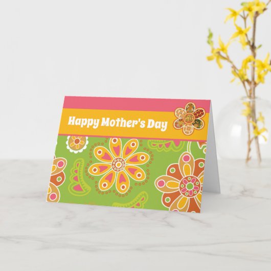 Retro Flower Green Pink Happy Moederdag Kaart (Gele Bloem)