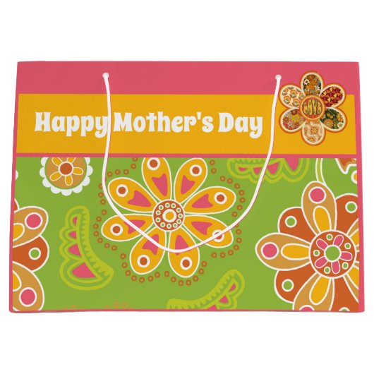 Retro Flower Green Pink Yellow Happy Moederdag Groot Cadeauzakje (Voorkant)