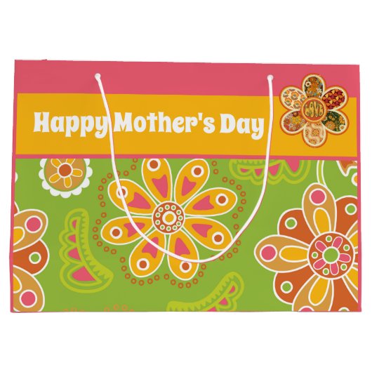 Retro Flower Green Pink Yellow Happy Moederdag Groot Cadeauzakje (Achterkant)