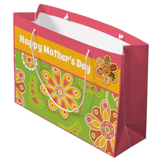 Retro Flower Green Pink Yellow Happy Moederdag Groot Cadeauzakje (Achterkant Gekanteld)