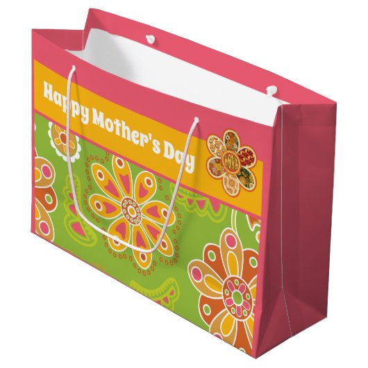 Retro Flower Green Pink Yellow Happy Moederdag Groot Cadeauzakje (Voorkant Gekanteld)