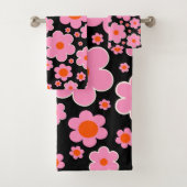 Retro Flower Pattern Black Roze and Oranje Bad Handdoek (Insitu)