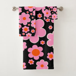 Retro Flower Pattern Black Roze and Oranje Bad Handdoek