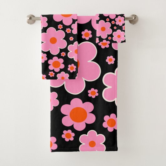Retro Flower Pattern Black Roze and Oranje Bad Handdoek (Insitu)