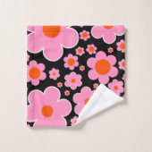 Retro Flower Pattern Black Roze and Oranje Bad Handdoek (Wasdoekje)