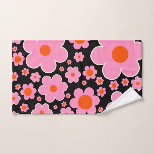 Retro Flower Pattern Black Roze and Oranje Bad Handdoek (Handdoek)