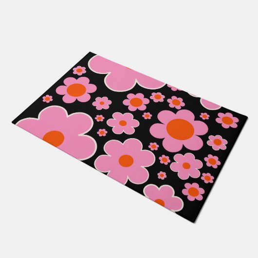 Retro Flower Pattern Black Roze and Oranje Deurmat (Schuin)