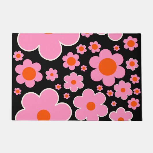 Retro Flower Pattern Black Roze and Oranje Deurmat (Voorkant)