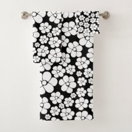 Retro Flower Pattern in White op Black Bad Handdoek