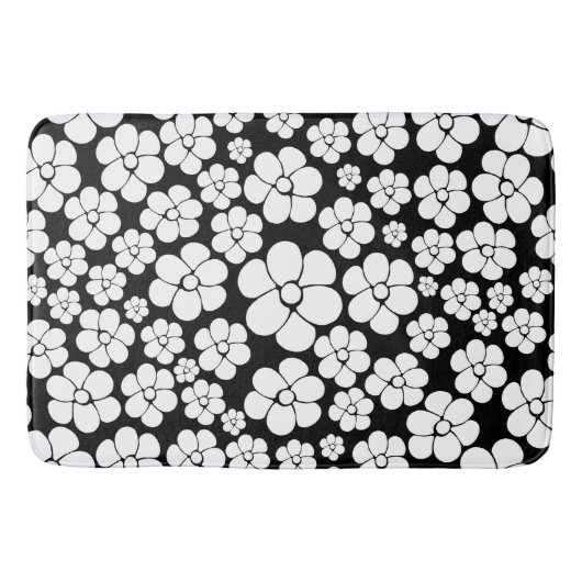 Retro Flower Pattern in White op Black Badmat (Voorkant)