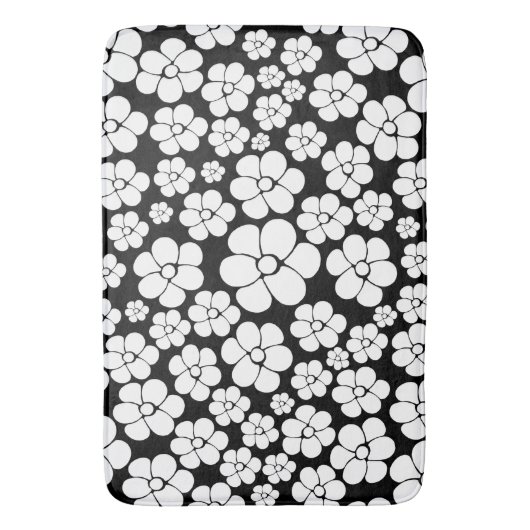 Retro Flower Pattern in White op Black Badmat (Voorkant Verticaal)