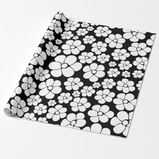 Retro Flower Pattern in White op Black Cadeaupapier (Uitgerold)