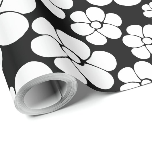 Retro Flower Pattern in White op Black Cadeaupapier (Rol Hoek)