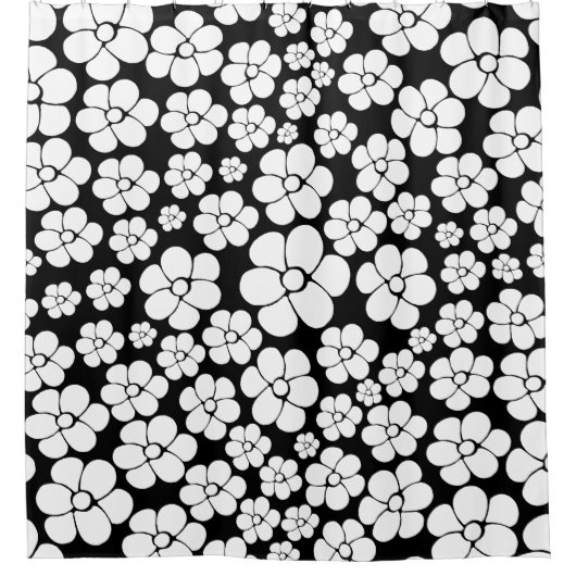 Retro Flower Pattern in White op Black Douchegordijn (Voorkant)