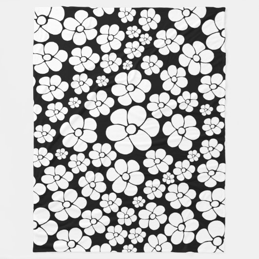 Retro Flower Pattern in White op Black Fleece Deken (Voorkant)