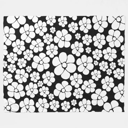 Retro Flower Pattern in White op Black Fleece Deken (Voorkant (Horizontaal))