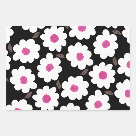 Retro Flower Pattern in White op Black Inpakpapier Vel (Voorkant 3)