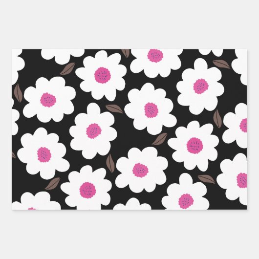 Retro Flower Pattern in White op Black Inpakpapier Vel (Voorkant 2)