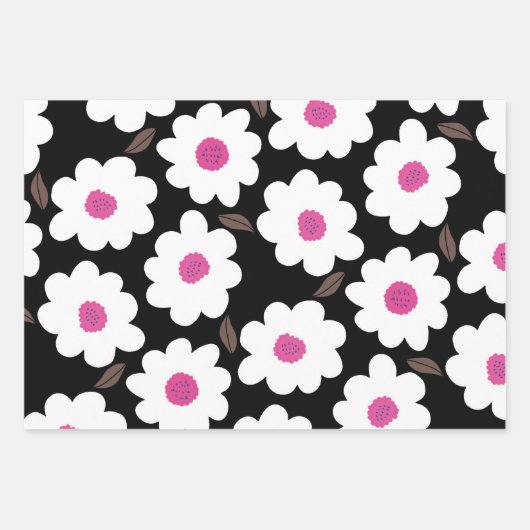 Retro Flower Pattern in White op Black Inpakpapier Vel (Voorkant)