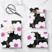 Retro Flower Pattern in White op Black Inpakpapier Vel