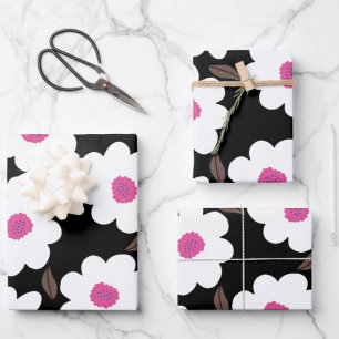 Retro Flower Pattern in White op Black Inpakpapier Vel