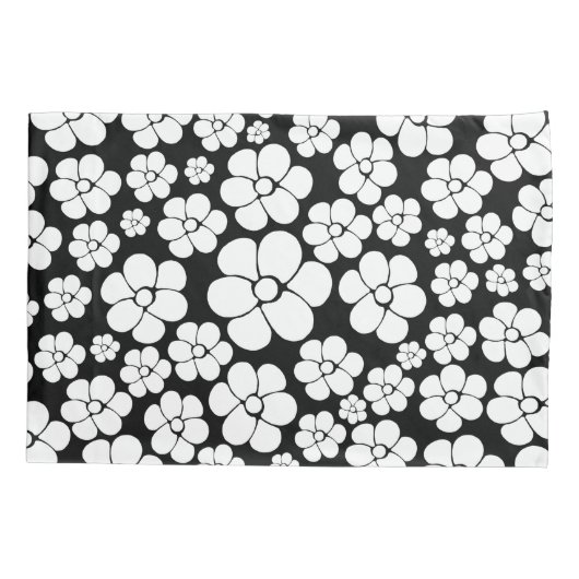 Retro Flower Pattern in White op Black Kussensloop (Achterkant-Links)