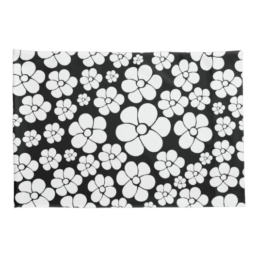 Retro Flower Pattern in White op Black Kussensloop (Achterkant-Rechts)