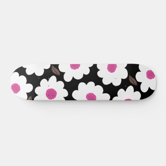 Retro Flower Pattern in White op Black Persoonlijk Skateboard (Horizontaal)