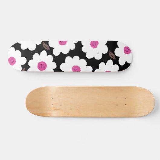 Retro Flower Pattern in White op Black Persoonlijk Skateboard (Horizontaal)