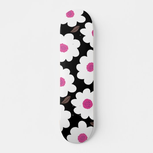 Retro Flower Pattern in White op Black Persoonlijk Skateboard (Voorkant)