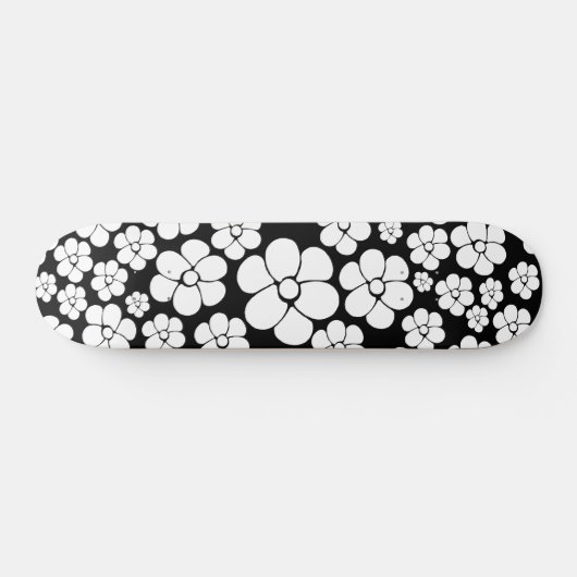 Retro Flower Pattern in White op Black Persoonlijk Skateboard (Horizontaal)