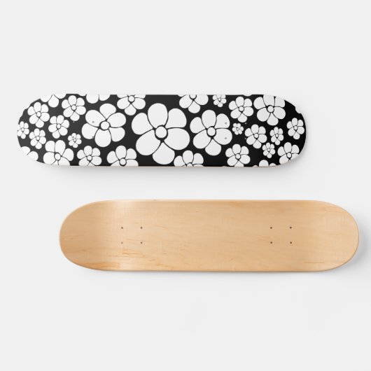 Retro Flower Pattern in White op Black Persoonlijk Skateboard (Horizontaal)