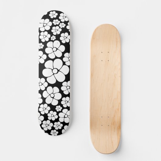 Retro Flower Pattern in White op Black Persoonlijk Skateboard (Voorkant)