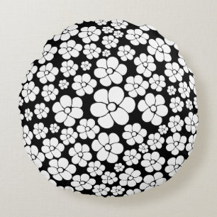 Retro Flower Pattern in White op Black Rond Kussen