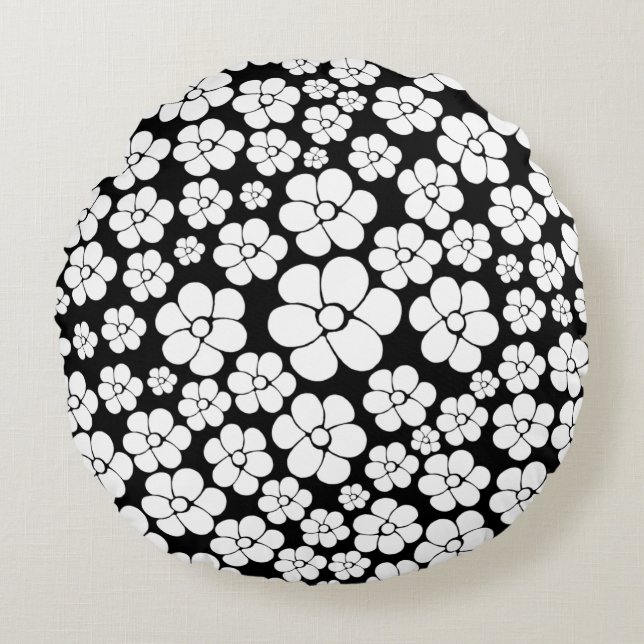 Retro Flower Pattern in White op Black Rond Kussen (Voorkant)