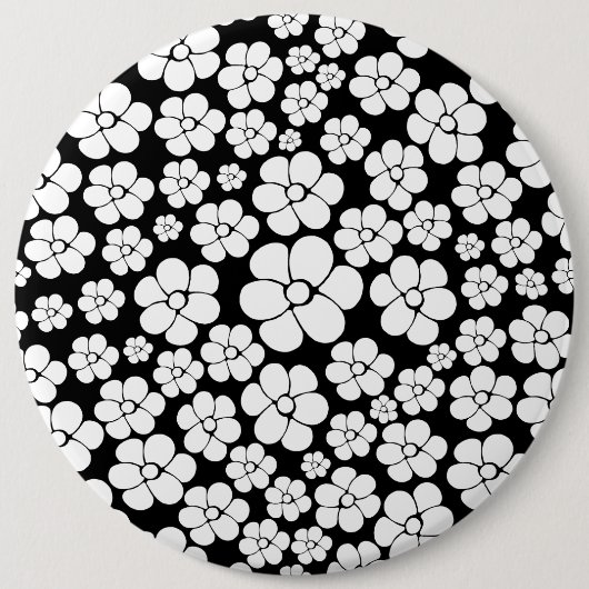 Retro Flower Pattern in White op Black Ronde Button 6,0 Cm (Voorkant)