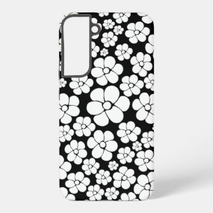 Retro Flower Pattern in White op Black Samsung Galaxy Hoesje