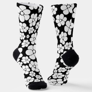 Retro Flower Pattern in White op Black Sokken